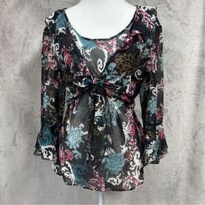 Versailles Y2K Sheer Ruffle Tie Knot Layer Sz L Dark Floral